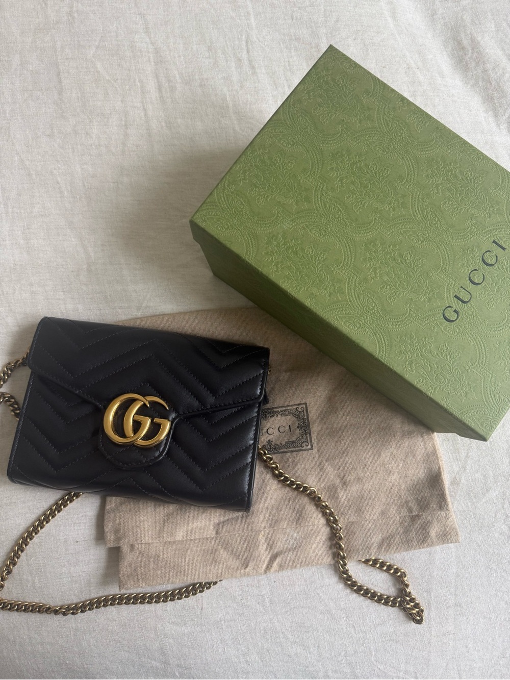 Gucci Marmont Black Quilted Leather “Wallet on a Chain” with Gold GG